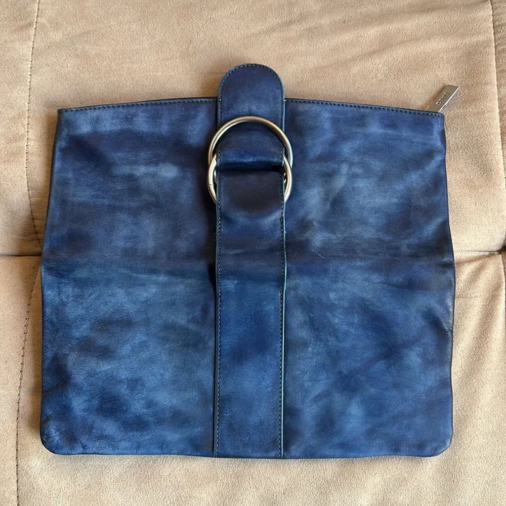 HOBO International MADELINE Soft Blue Leather Foldover Clutch Bag w/ Buckle